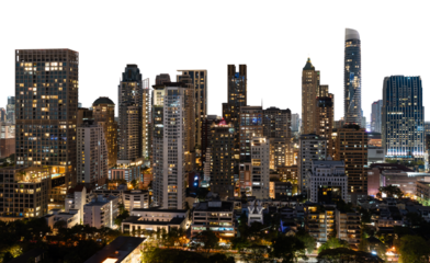 Modern Bangkok city skyline at night with illuminated buildings, isolated on a white background. Capturing the vibrant urban architecture of Thailand