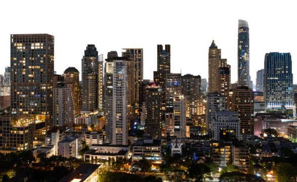 Modern Bangkok city skyline at night with illuminated buildings, isolated on a white background. Capturing the vibrant urban architecture of Thailand - Powered by Adobe