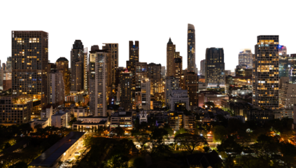 Bangkok city skyline at night with illuminated skyscrapers and modern high-rise buildings, isolated on a white background. Urban landscape concept