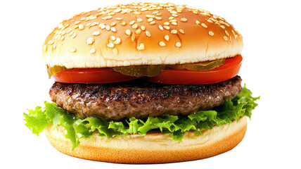 Burger, a gourmet burger with melted cheese, tomato, and juicy beef patty, sesame seed bun, garnished with herbs, food styling,
Juicy Cheeseburger