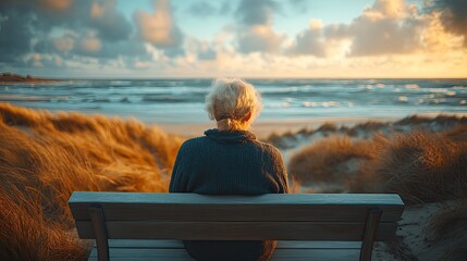 An elderly couple sits closely together on a wooden deck, overlooking a serene beach with gentle waves.