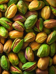 Pistachios forming a textured background with vibrant green and gold hues
