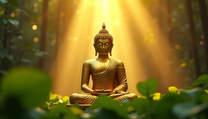 Golden Buddha Meditating Under Sacred Bodhi Tree with Divine Light