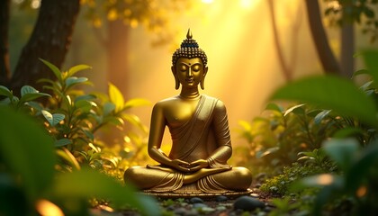 Obraz premium Golden Buddha Meditating Under Sacred Bodhi Tree with Divine Light
