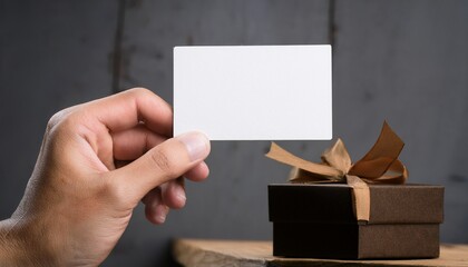Fototapeta premium hand holding a blank business card with a gift box with ribbon