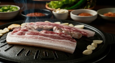 Grilled pork belly sizzling on a hot plate with garlic and spices