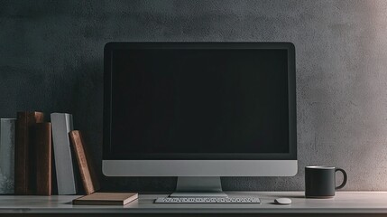 Front view of an iMac with a blank black screen on a desk, accompanied by a coffee mug and books, against a concrete wall background in a minimalist, modern workspace setting.  
Front view of an iMac 
