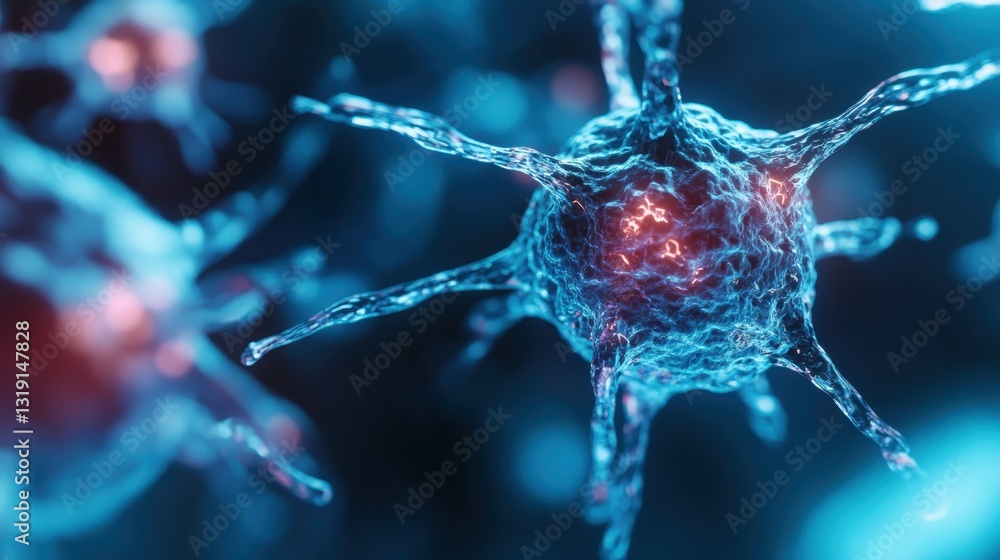 Poster Fascinating microscopic image showcasing vibrant blue cells with tentacle-like structures, highlighting the intricate design of cellular forms and biological interactions.