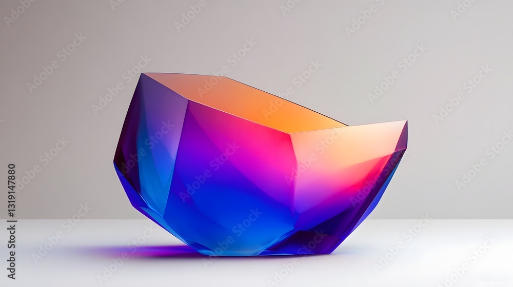 Poster minimalist folded glass form with sharp edges and soft curvature in blue and violet tones