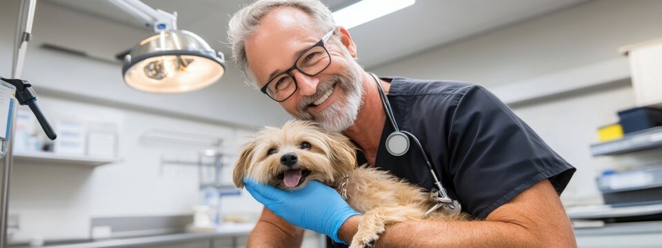 Veterinarian provides gentle care to rescued dog in clinic Generative AI