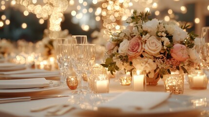 An elegant table adorned with fresh flowers and soft candlelight, creating a romantic and inviting atmosphere for special occasions and celebrations with loved ones.