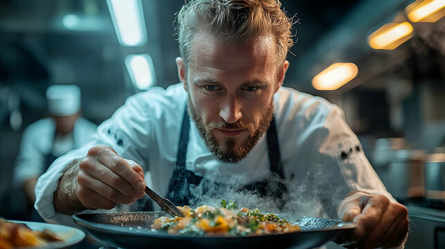 Focused chef meticulously plates a steaming dish, showcasing culinary precision and passion