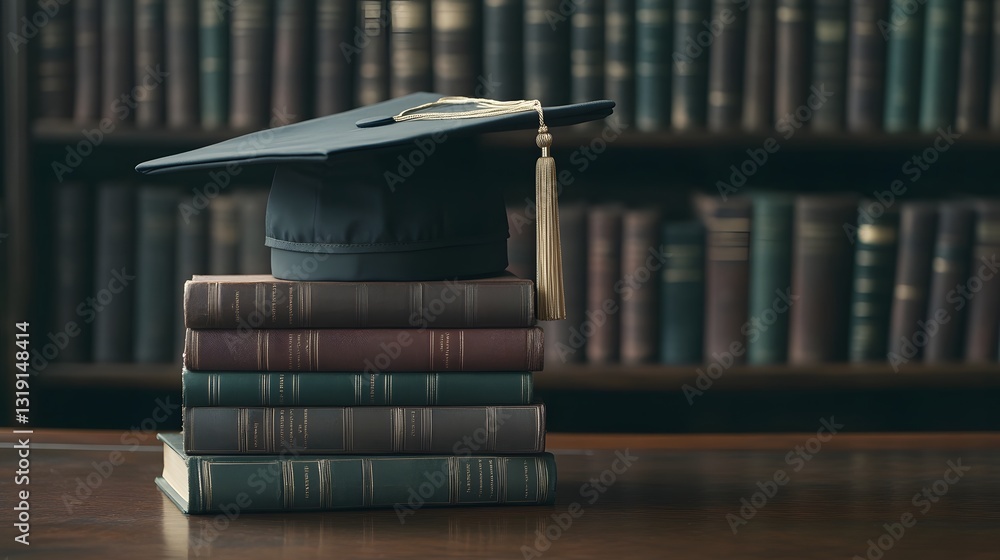 Poster stack of books with diploma and graduation cap on dimly lit library desk representing knowledge and 