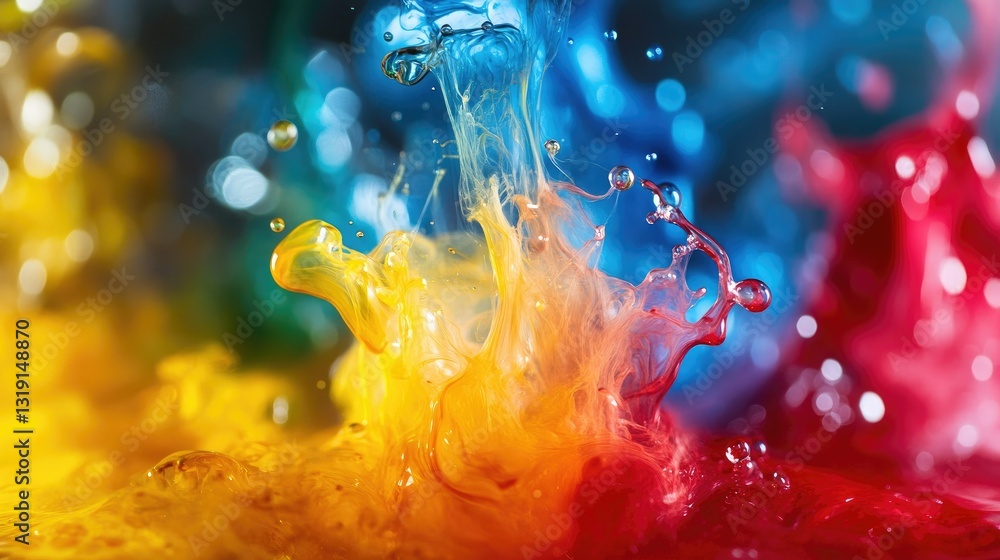 Poster vibrant abstract liquid splash with colorful ink blending, creating a dynamic background