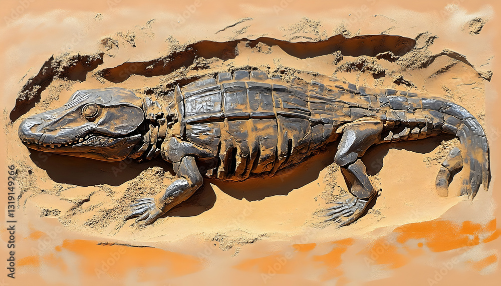 Aufkleber fossilized crocodile embedded in desert sand, showcasing intricate skeletal detail and texture