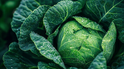 Obraz premium Close-up of fresh green cabbage growing in rich organic soil, dewdrops glistening on its textured leaves