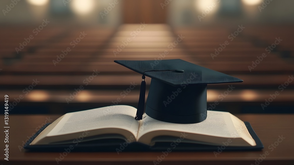Poster illuminated open book with graduation cap on studious academic setting