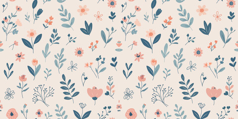 Flower Vintage Blue Pink Soft Color in a Seamless Pattern. Vector Illustration. 