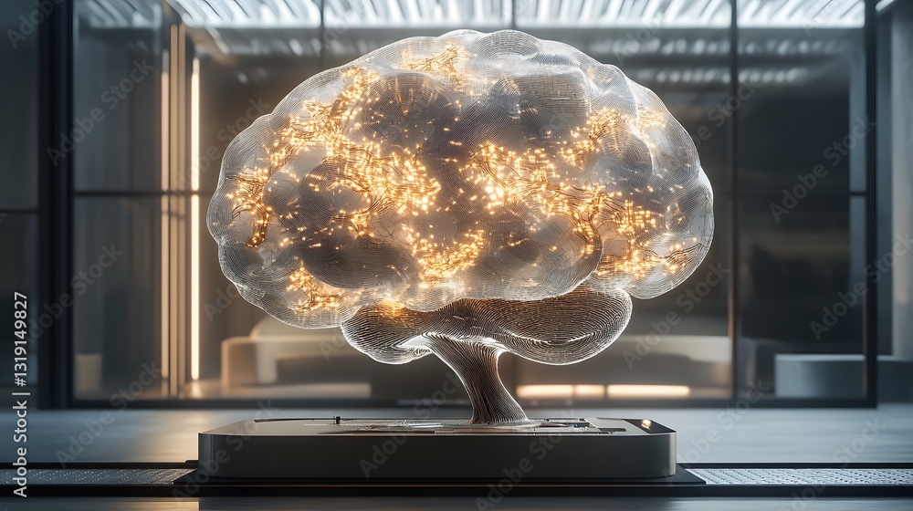 Poster a conceptual representation of cognitive architectures, with a human brain intertwined with futurist