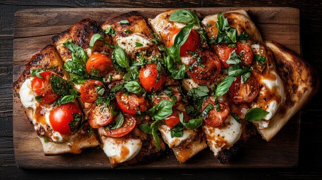 A mouth-watering flatbread topped with fresh tomatoes, mozzarella, basil, and drizzled with olive oil perfectly captures the essence of Italian cuisine and culinary art.