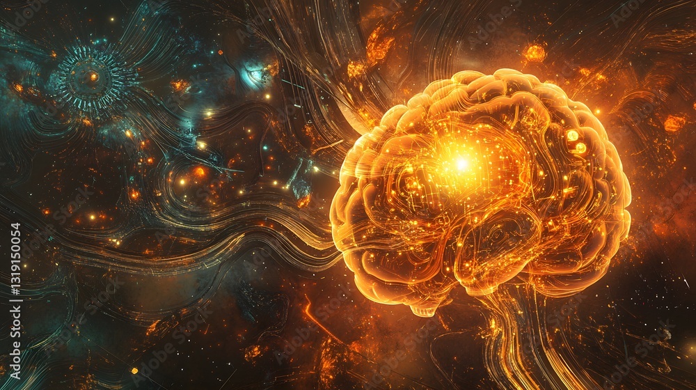 Poster a conceptual representation of cognitive architectures, with a human brain intertwined with futurist