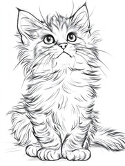 Fototapeta premium Cute long haired kitten looking up in black and white sketch style