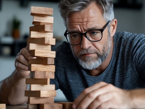 A man with glasses playing a game of jenga - Powered by Adobe
