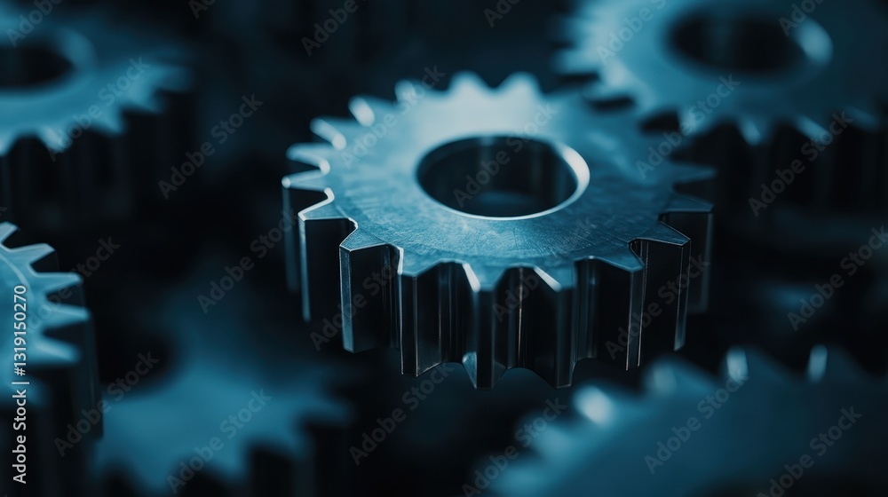 Poster this image showcases a collection of shiny metallic gears, creating an intricate pattern against a d