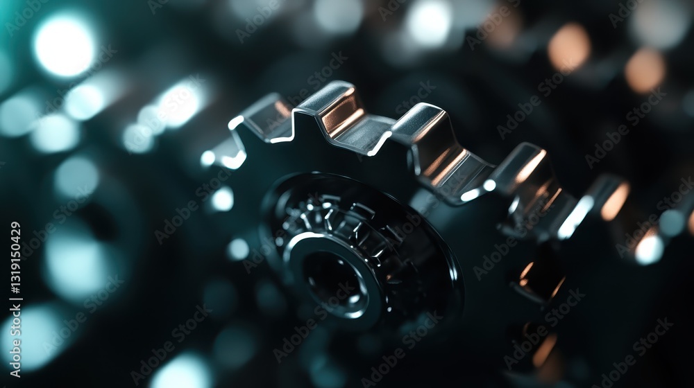 Poster a mesmerizing close-up of shiny metallic gears reflecting ambient light, emphasizing their polished 
