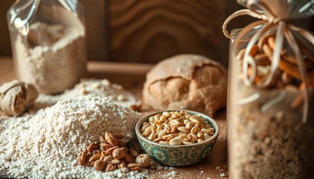Bread-making process captured in earthy tones, featuring raw ingredients like organic flour, nuts, seeds, and wild yeast starters - Powered by Adobe