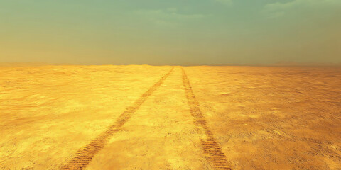 Fototapeta premium Golden Desert with Camel Tracks Disappearing into the Horizon for a Mysterious Journey
