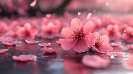 Delicate pink cherry blossoms scattered on a surface