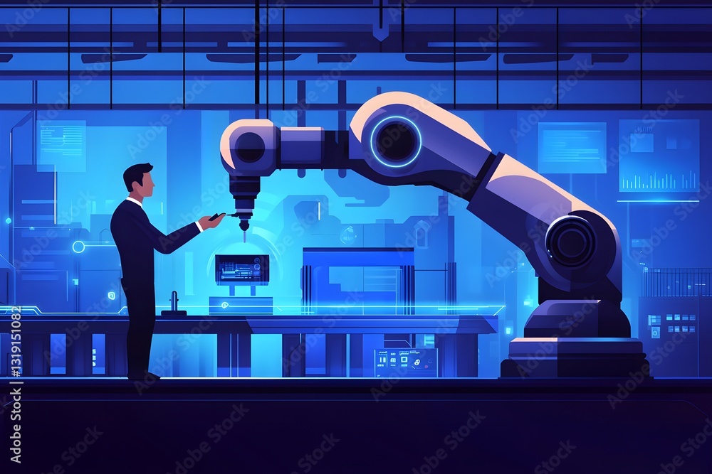 Poster industrial automation robotic arm and engineer in modern factory setting