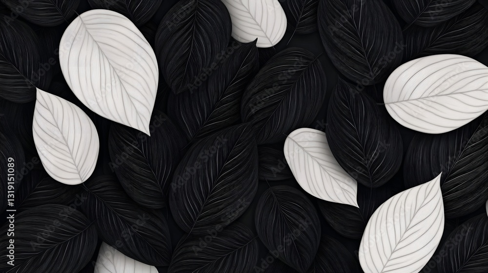 Aufkleber layered monochrome leaf design with intricate textured lines and flat style