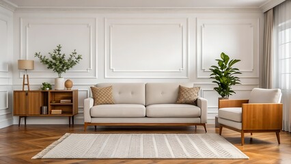Fototapeta premium Modern Scandinavian home interior design characterized by an elegant living room featuring a comfortable sofa, mid century furniture, cozy carpet, wooden floor, white walls, and home plants.