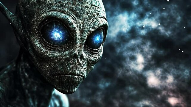 Intriguing Close-Up of a Mysterious Alien with Bright Blue Eyes Gazing Outward