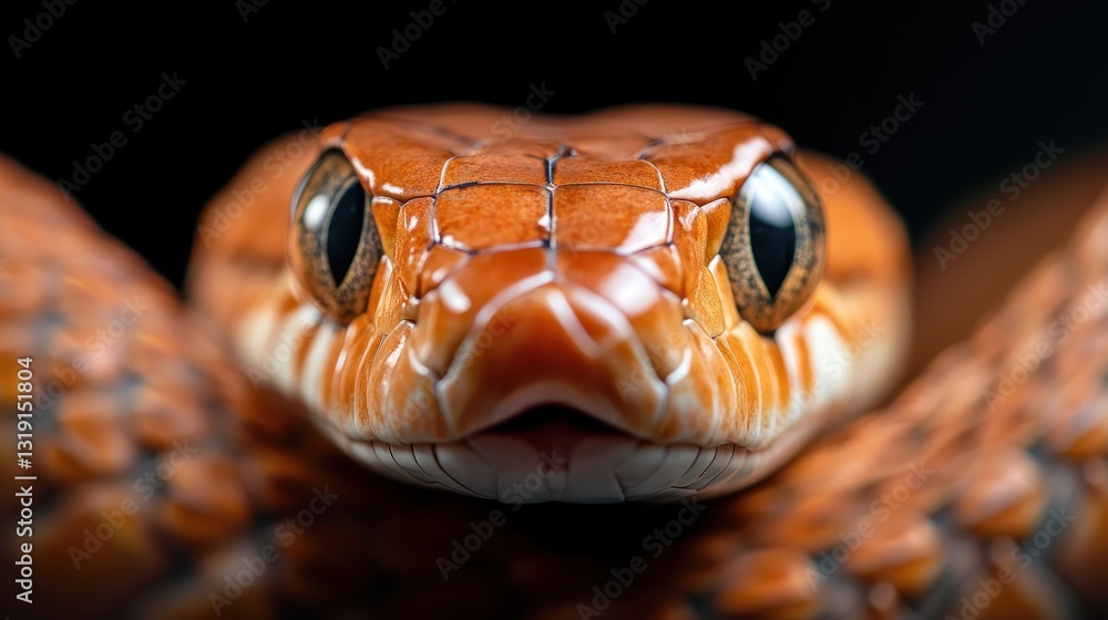 Poster a close-up photograph showcasing the intricate scales and vibrant colors of a brown snake, capturing