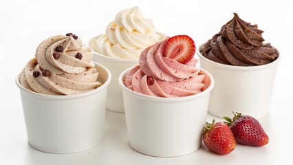 Mockup of strawberry, vanilla, and chocolate frozen yogurt or soft ice cream in blank paper cup packaging, isolated background.