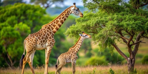 Obraz premium Adult giraffe and calf peacefully grazing near a lush green tree in a vibrant savanna landscape