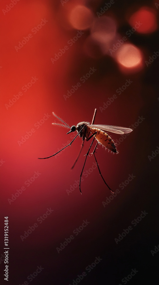Poster close-up of mosquito against a red background, showcasing its delicate legs and wings. the image evo