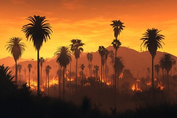 Obraz premium Wildfire in Palm Tree Grove at Sunset