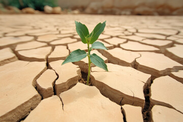 Resilience in nature: close-up of green plant growing in cracked dry riverbed