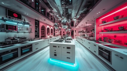Futuristic pink kitchen merges neon glow and sleek appliances fueling futuristic brand appeal, futuristic angle enticing global marketers seeking bold, next-level interior visuals.