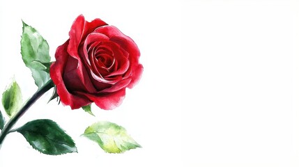Beautiful Red Rose with Green Leaves on a White Background