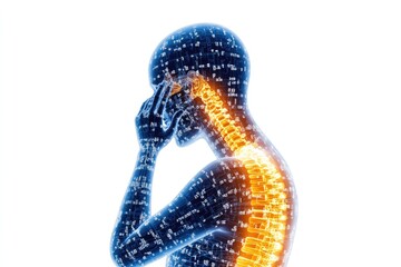 Obraz premium Digital illustration of human skeleton highlighting neck and spine pain concept for medical research and healthcare design