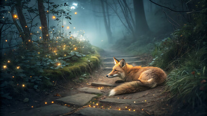 Enchanted forest path. serene fox resting on forest path surrounded by glowing lights and mist