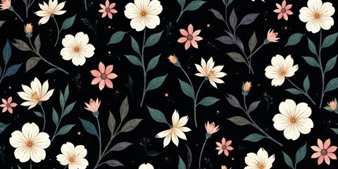 Elegant floral pattern featuring a dark background, delicate blossoms, and lush green foliage