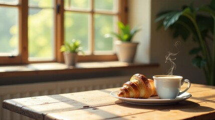 Serene morning a warm beverage and flaky pastry on a sunlit wooden table beside a window with greenery