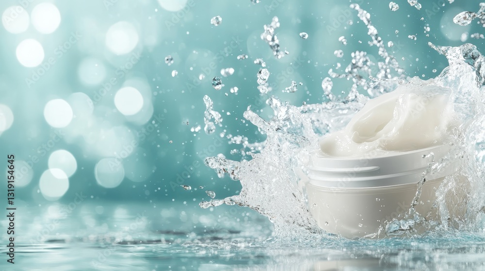 Poster a luxurious cream jar splashes into clear water, creating a visually appealing scene that captures t