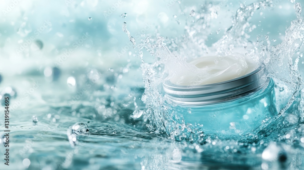 Poster a clear jar of cream is splashed with droplets of water, creating a refreshing and vibrant visual ef